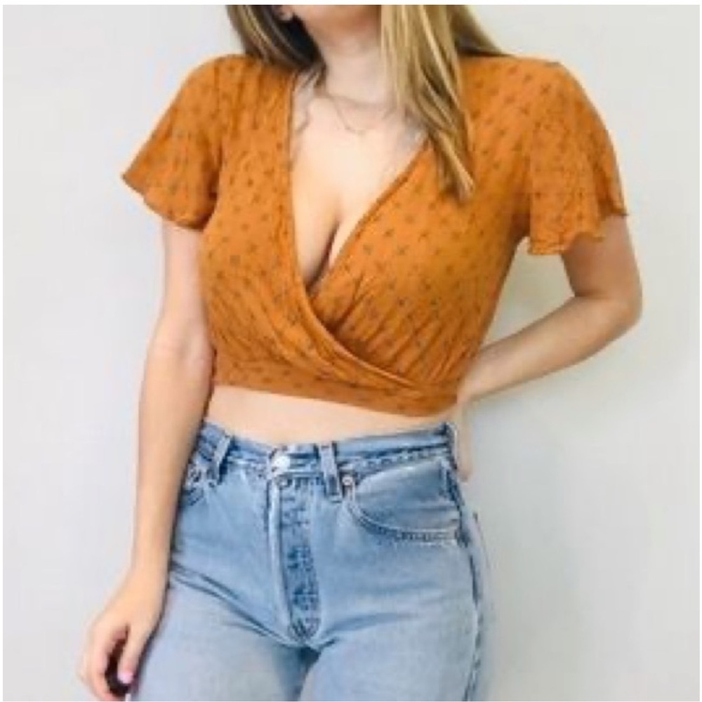 Anthropologie > Gold Floral Cropped Wrap Top Small